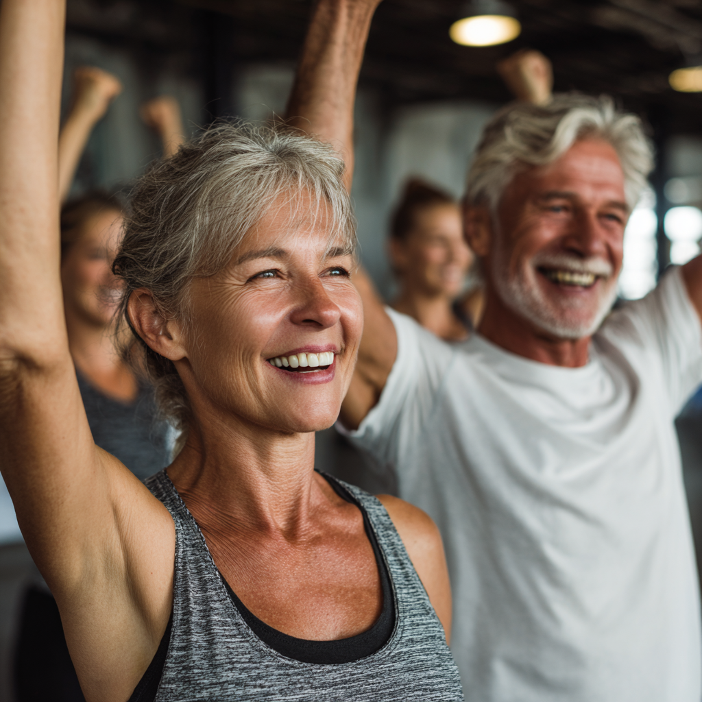 middle aged adults celebrating fitness achievements together